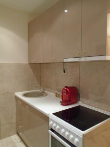 una cocina con fregadero y un aparato rojo en Apartment Bourgeois, en Belgrado