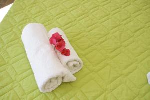 a towel on a bed with a flower on it at Summer Dream in Vlachata