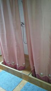 a bathroom with pink shower curtains and a blue rug at Agave Apartman in Velence