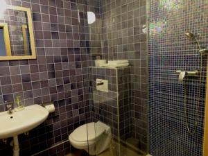 a bathroom with a shower with a toilet and a sink at Penzion Zlaty Orol in Helcmanovce