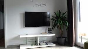 - un salon avec une télévision sur un mur blanc dans l'établissement Apartma Javoršček, à Bovec