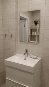 een witte badkamer met een wastafel en een spiegel bij Elegant apartment close to the Old Town in Vilnius