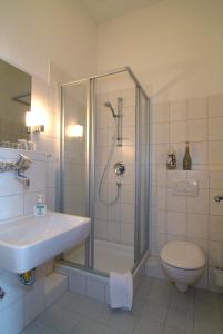 a bathroom with a shower and a sink and a toilet at Restaurant & Hotel Wismar in Wismar