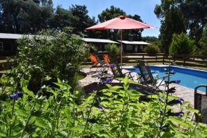 a pool with a red umbrella and chairs and a table and chairs at Los Arrayanes in Tandil