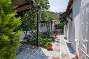 a courtyard of a house with potted plants at Studio Porto Marina in Sykia Chalkidikis