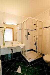 a bathroom with a shower and a sink and a toilet at Hotel-Gasthof-Fleischerei - Zur alten Post in Schwanberg