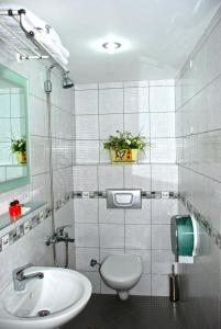 a bathroom with a white toilet and a sink at Hotel Mithat in Ankara