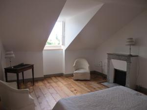 Cette chambre mansardée comprend un lit et une cheminée. dans l'établissement Villa Dampierre, à Pau