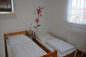 two twin beds in a room with a window at Fewo Tulpe in Zinnowitz +17 photos