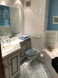 a bathroom with a toilet and a sink and a mirror at Ferienwohnung Franziska 2 in Garmisch-Partenkirchen +9 photos