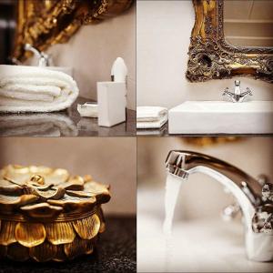 a collage of four pictures of a sink and a mirror at The Kingsman boutique Hotel in Burgersdorp