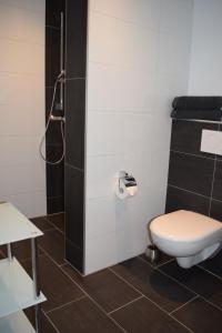 ein Bad mit einem WC und einer Dusche in der Unterkunft Ferienwohnung Palmen in Gangelt