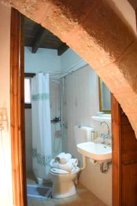 a bathroom with a toilet and a shower and a sink at Antifanous Apartments in Rhodes Town