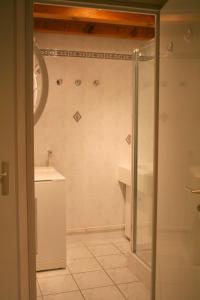 W łazience znajduje się prysznic i umywalka. w obiekcie Apartplage w mieście Saint-Jorioz