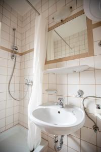 La salle de bains est pourvue d'un lavabo et d'une douche. dans l'établissement Schieszl Apartments Zamárdi 2, à Zamárdi