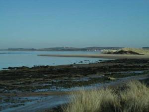 a beach with a body of water and grass at Inver bay apartment in Tain