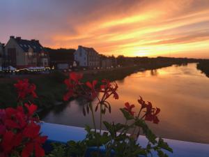 a view of a river at sunset with red flowers at Apartament LAVENDER in Śrem