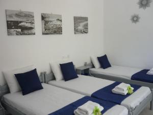 イオス島 チョーラにあるAvli Studios & Apartmentsの青い枕付きのベッド2台が備わる客室です。