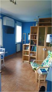 sala de estar con paredes azules, sofá y estante para libros en Piccola Suite Blu en Padova