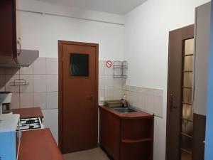 una pequeña cocina con fregadero y puerta en Center Park Apartment, en Cluj-Napoca