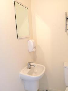 a bathroom with a sink, toilet and mirror at Astray Motel & Backpackers Rotorua in Rotorua