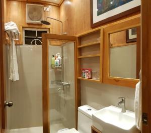 a bathroom with a shower and a sink and a toilet at Stay Amare Villa Maria 2 in Bacolod