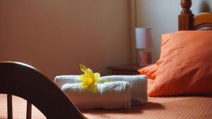 a pile of towels with a yellow flower on a bed at Chez Momo et Dany in Deshaies
