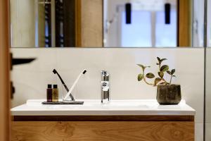 a bathroom sink with plants and a mirror at EVA Serviced Apartments in Zermatt