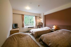 a hotel room with two beds and a window at Hakuba Highland Hotel in Hakuba