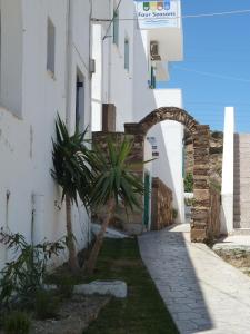 un callejón con una palmera frente a un edificio en Four Seasons Rooms & Apartments, en Ios Chora