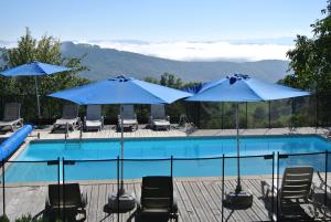 einen Pool mit Stühlen und Sonnenschirmen in der Unterkunft La Caze Gites in Broquiès