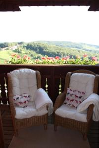 StradenにあるKellerstöckl am Rosenbergのバルコニー(眺めの良い籐の椅子2脚付)