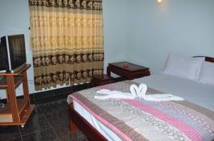 a hotel room with a bed and a tv at Cat An Guesthouse in Hue