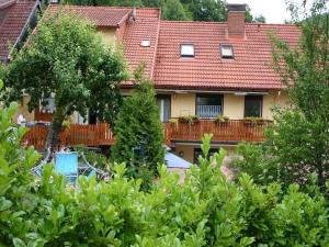 a house with a deck and a yard with trees at Haus-Kummeleck-Wohnung-3 in Bad Lauterberg