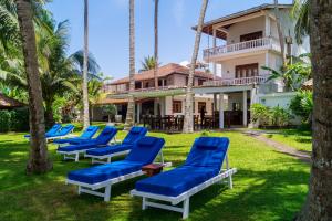 Rockside Cabanas Hotel في يوناواتونا: صف من كراسي الصالة الزرقاء أمام المنزل