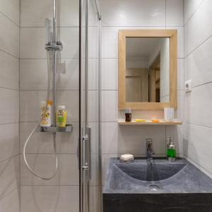 a bathroom with a shower with a sink and a mirror at RESIDENCE OLYMPIE 1 in Méribel
