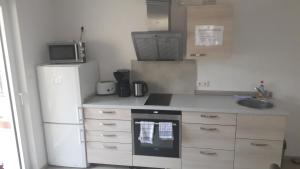 a small kitchen with a refrigerator and a sink at Gästehaus Engelhard Pension in Karbach