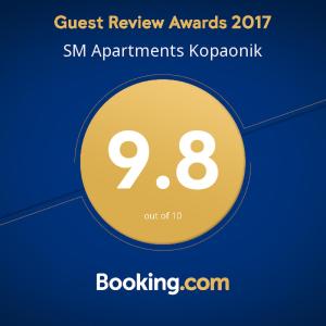 Certifikat, nagrada, logo ili neki drugi dokument izložen u objektu SM Apartments Kopaonik