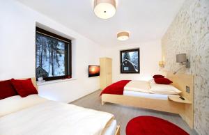 sypialnia z 2 łóżkami i oknem w obiekcie Apartmány Hromovka w Szpindlerowym Młynie