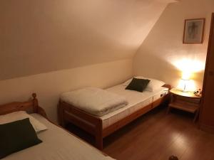 a small bedroom with two beds and a lamp at Vakantiehuis ibu in Altenau