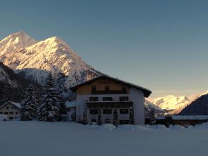 バッハにあるFerienhaus Lechtaler Alpenの雪山を背景にした建物