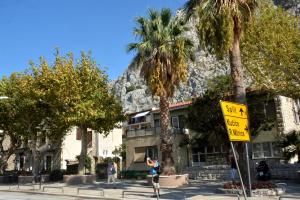 a building with palm trees and a mountain in the background at Apartment Mimica-Croatia , Omis , Center in Omiš