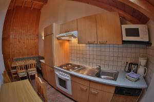 een keuken met een spoelbak en een fornuis bovenste oven bij Dependance Central in Ischgl