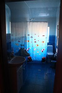 ウージュホロドにあるCafe-Motel Goryankaのバスルーム(魚が泳ぐシャワーカーテン付)