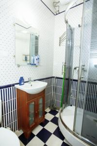 a bathroom with a sink and a shower at Halytska in Lviv +6 photos