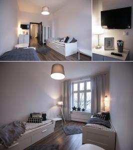 a bedroom with two beds and a living room at Apartments Old Town Gdansk - Toruńska 26 in Gdańsk