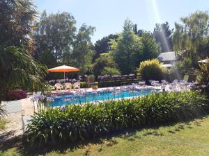 a swimming pool in a garden with an umbrella at Cabañas Los Aromos in Tandil +20 photos