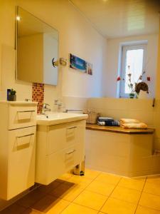 耶拿的住宿－Ferienwohnung Fischer，一间带水槽和镜子的浴室