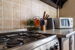 a kitchen counter with a stove and a microwave at Apartments on Bolshaya Morskaya 65 in Mykolaiv