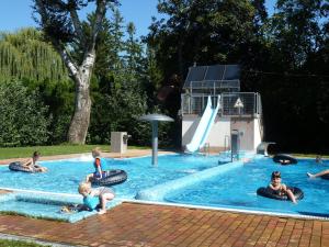 a group of children playing in a swimming pool at SunVillage Camp- Mobilházak Alsóörsön in Alsóörs